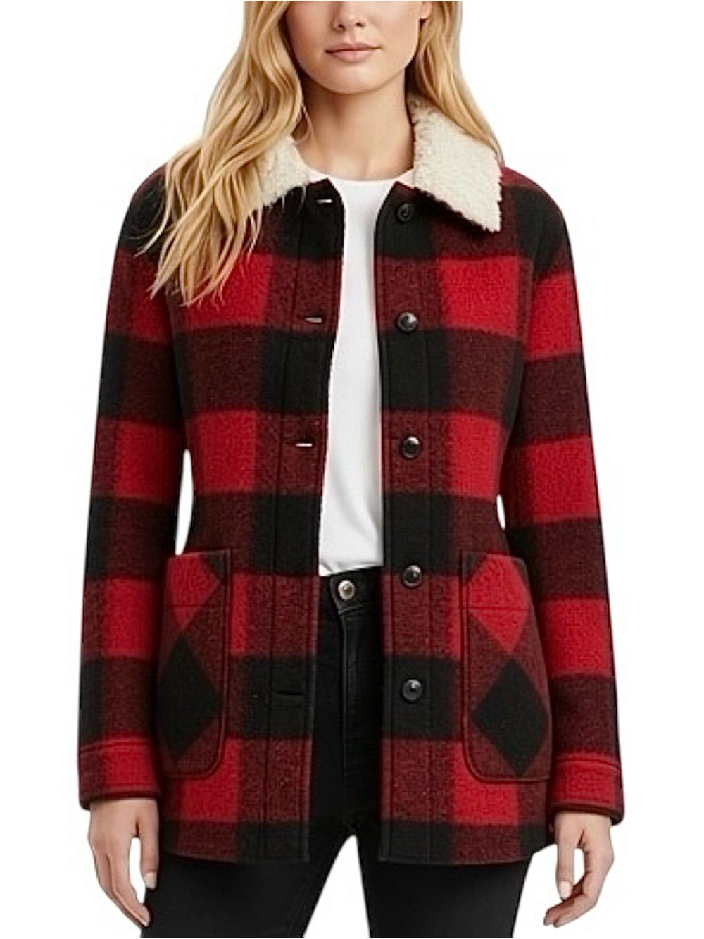 Wilfred Free Aritzia Buffalo Plaid Jacket Medium Red Black Sherpa Collar Coat